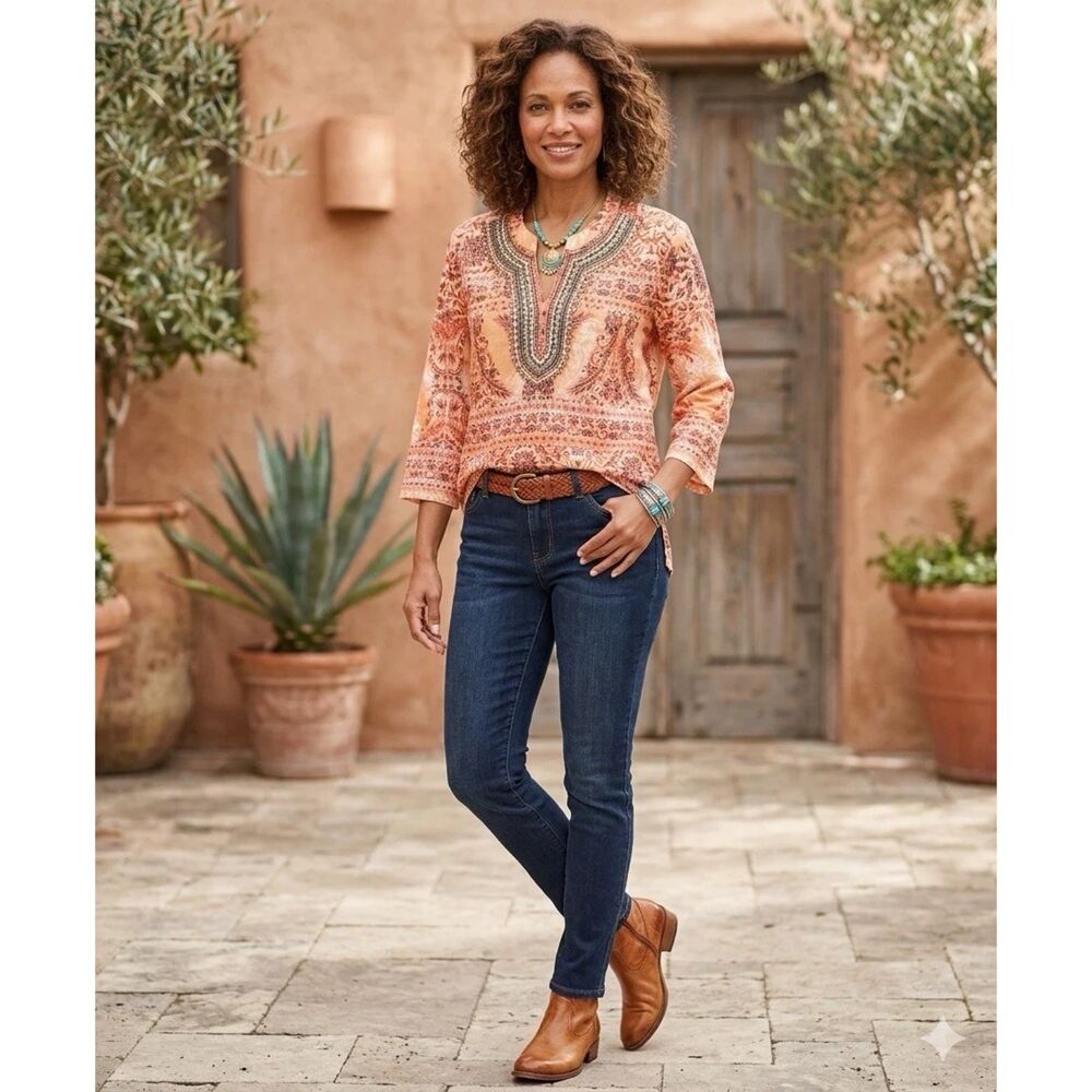 Charter Club Luxury Top Womens L Embellished Linen Beaded Tunic Art to wear boho